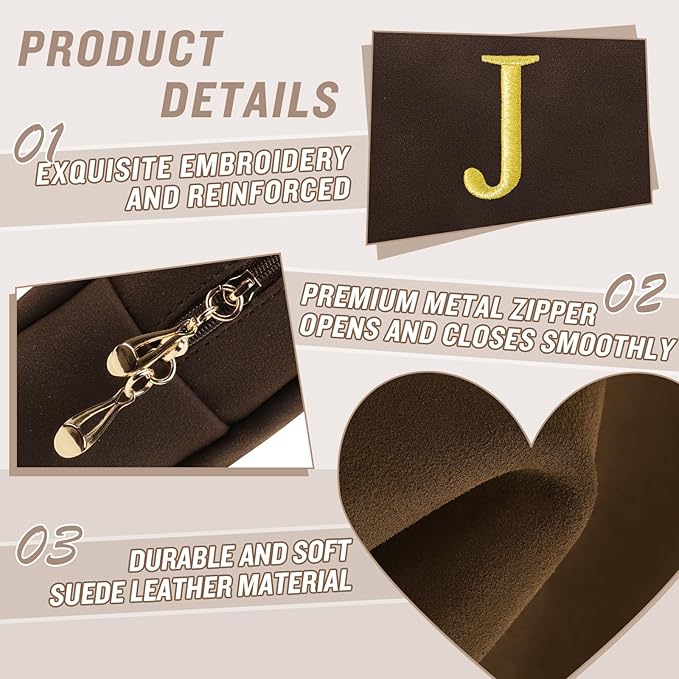 Personalized Initial Makeup Bag,Preppy Suede Cosmetic Bag for Teen Girls,Small Monogram Travel Toiletry Bag With Gold Embroidered Letter,Trendy Stuff Custom Christmas Gift for Women(Coffee-J)