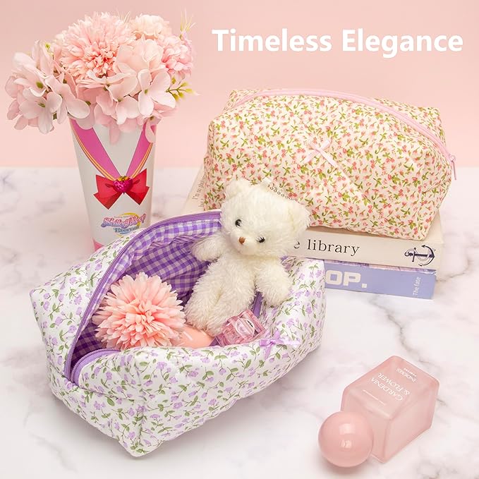PAZIMIIK Cozy Makeup Bag Travel Cosmetic Bag for Women Soft Toiletry Bag Aesthetic Makeup Organizer Portable Large Zipper Pouch for Skincare Beauty Accessories Brushes Floral Purple