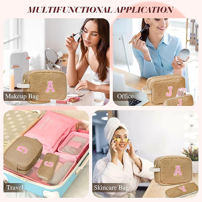 for Christmas Day Gifts, Personalized Initial Cosmetic Bag Pouch for Teen Girls, Preppy Makeup Travel Bags for Daughter Sister Girlfriend, Monogramed Make Up Pouch for Birthday Gifts - Brown U
