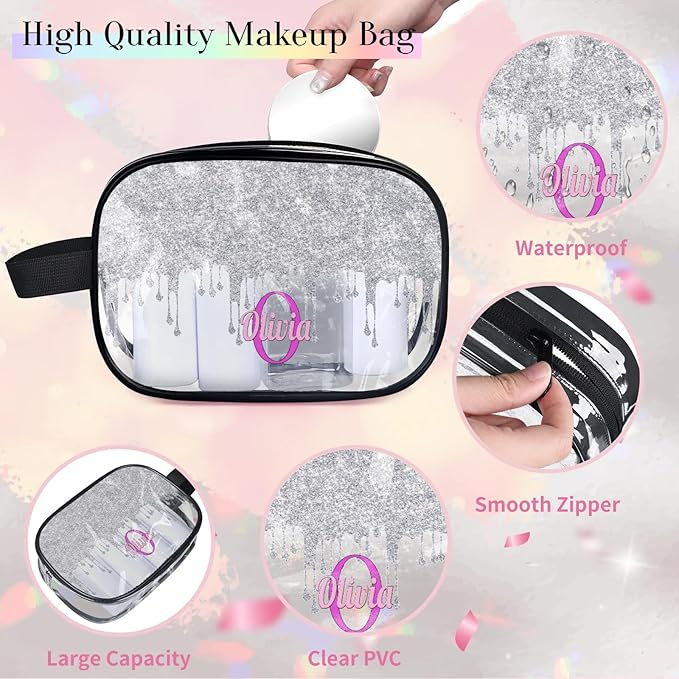 Personalized Name Toiletry Bag, Transparent PVC Large Travel Cosmetic Bag Portable Makeup Organizer Bag for Women Bathroom Shower Essentials, Silver Curtain Glittering