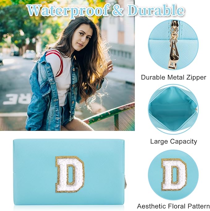 Iqimott Personalized Initial Letter Patch Makeup Bag Preppy Portable Chenille Letter Cosmetic Bag Zipper PU Leather Waterproof Travel Toiletry Bag Monogram Make Up Pouch Women Girls(Letter D)