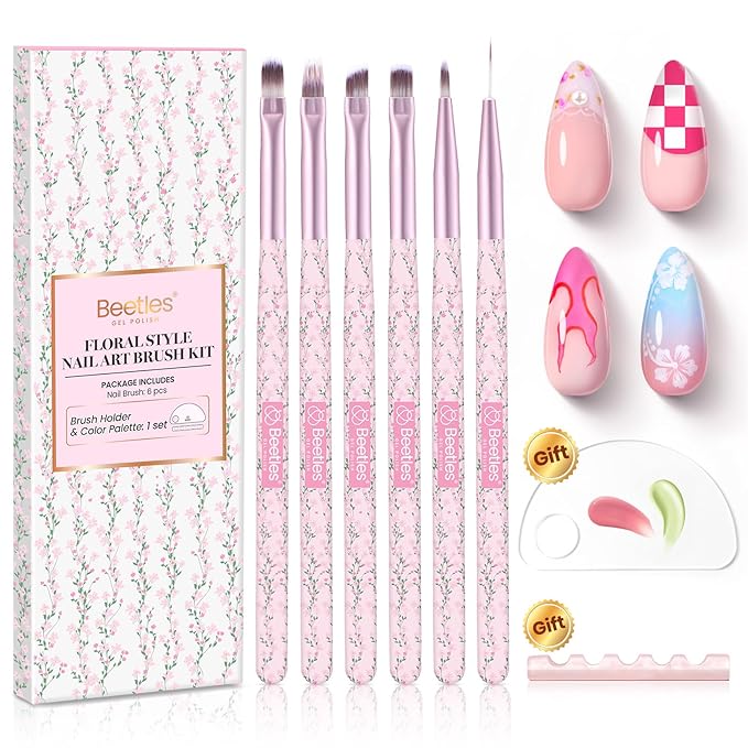 Beetles Gel Polish Nail Art Brushes Set - 6 Pcs Fingernail Art Design Pen, Floral Pattern Handle, Gradient Bristles Nail Brush Set DIY with Palette Dotting Manicure Tool Kit