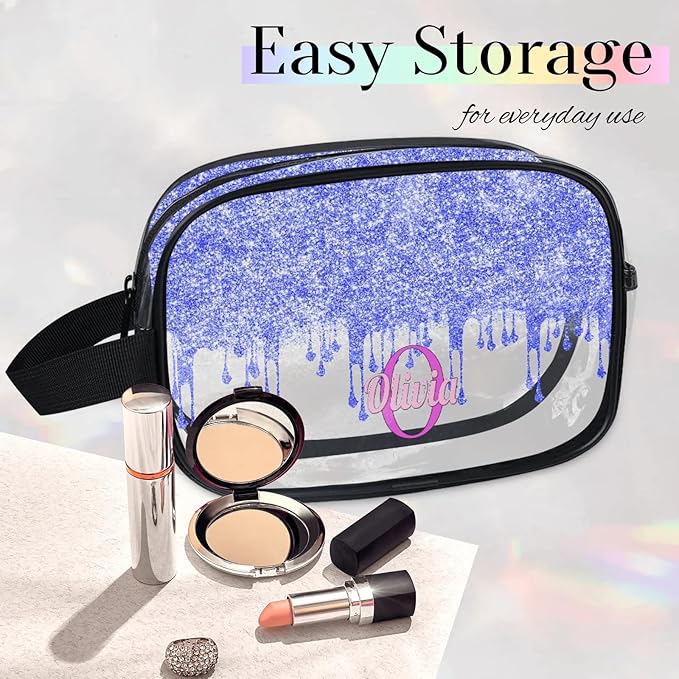 Personalized Name Clear Makeup Bag, Custom Women Transparent Cosmetic Travel Toiletry Bag Pouch Organizer for Vacation Weekend, Bright Blue Curtain Glittery
