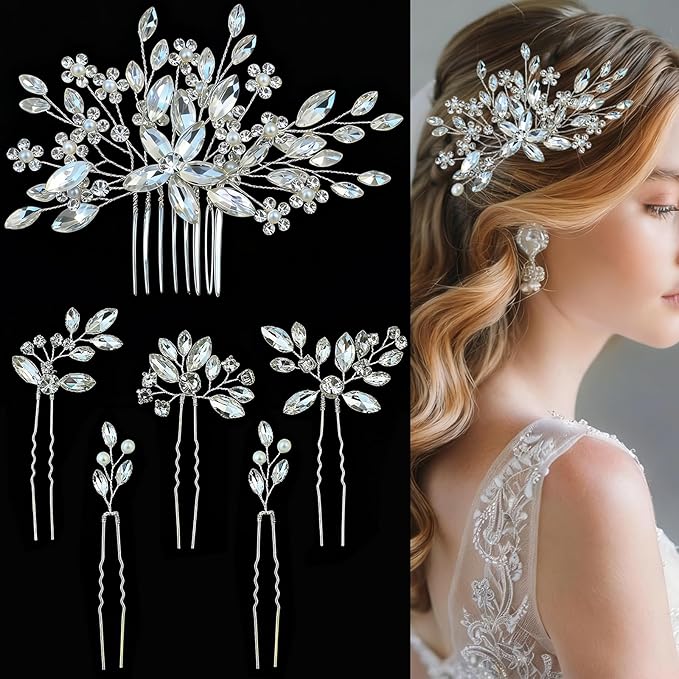 6 pcs Wedding Hair Accessories Bridal Hair Pins Silver Rhinestone with Pearls Hair Pieces for Brides Women Girls