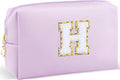Gifts for Girls Initial Makeup Bag Personalized Cosmetic Bag with Zipper Cute Travel Toiletry Bag Waterproof PU Preppy Makeup Pouch Birthday Gift for Teen Girls Women(Purple H)