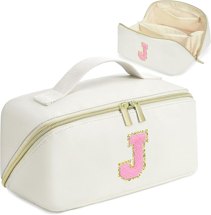for Christmas Day Gifts, Makeup Bag for Women, PU Leather Travel Toiletry Bags, Initial Make Up Cosmetic Pouch for Teen Girls, Wide Open Portable Skincare Bag, Personalized Birthday Gifts, White J