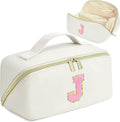 for Christmas Day Gifts, Makeup Bag for Women, PU Leather Travel Toiletry Bags, Initial Make Up Cosmetic Pouch for Teen Girls, Wide Open Portable Skincare Bag, Personalized Birthday Gifts, White J