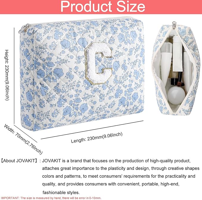 JOVAKIT Alphabet Makeup Bag Cosmetic Bag for Women, Christmas Gifts for Girls Age 6-18, Floral Flowers Coquette Travel Toiletry Zipper Make Up Pouch Organizer Trendy Stuff (2Pcs Blue Floral C)