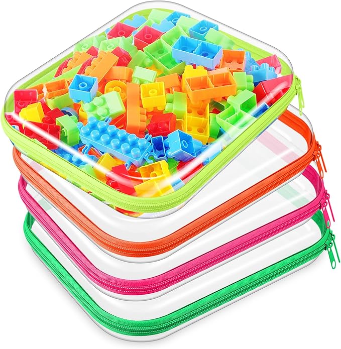 Hoolerry 4 Pcs Hard Clear Zipper Case Makeup Bags Plastic Pencil Pouch Transparent Storage Box Containers for Cosmetics, Snacks, Building Blocks, Puzzles(Fluorescent,9.8 x 7.9 x 2 in)