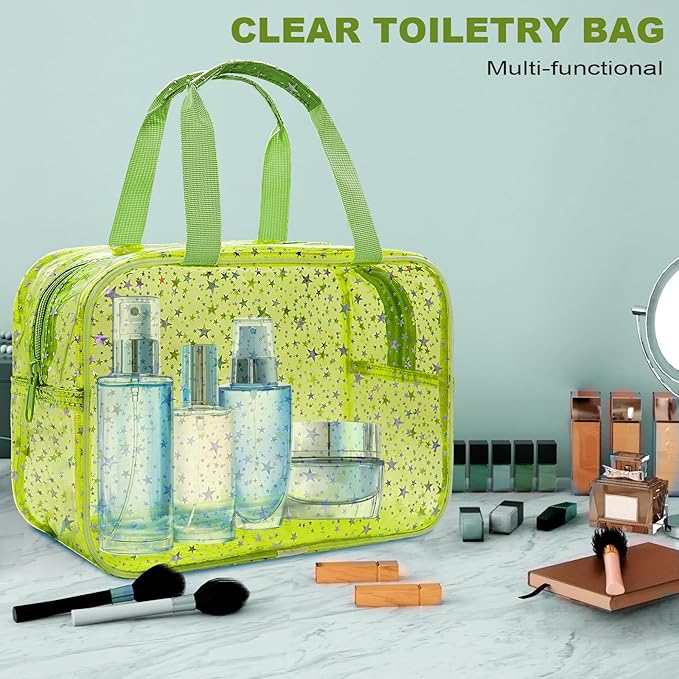 Clear Green Star Large Makeup Bag with Star Pattern 12x5x8 inch, Travel Cosmetic Bag with Handle, Durable PVC Material Washbag Zipper Opening Design for Makeup Travel Organizer or Gym Use