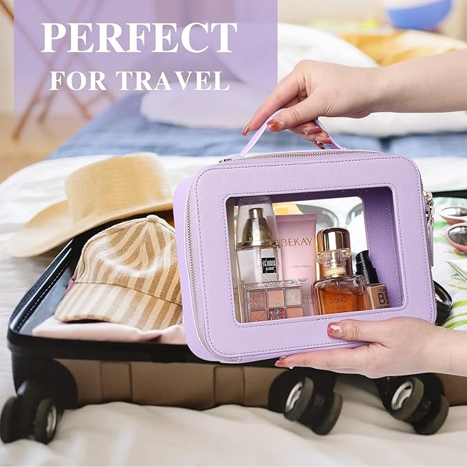Pinkmik Clear Makeup Bag with Brush Bag 2pcs Waterproof Travel Case for Cosmetics and Toiletries Women's Cosmetic Organizer with Zipper (X/Purple, L+SLIM)