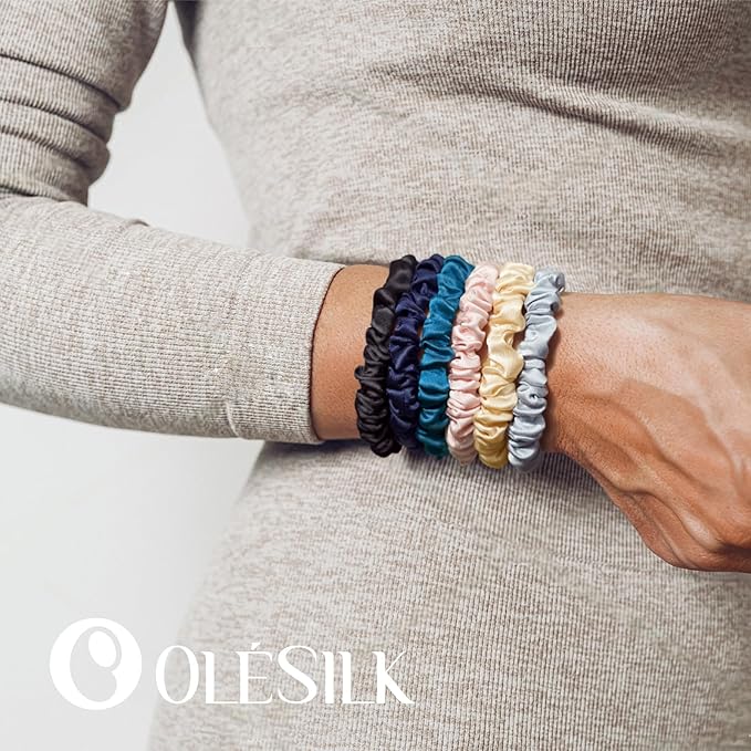 OLESILK Silk Hair Ties for Women: 100% Mulberry Skinny Silk Scrunchies, Soft Smooth No Damage No Crease for Thin Fine Curly Hair 3 Pack, Multi-1