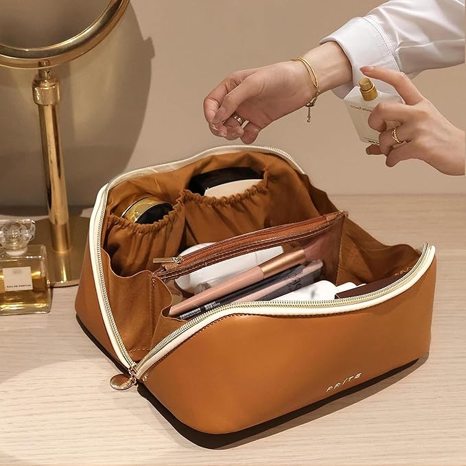 Prite Makeup Bag for Women Travel Waterproof Vegan Leather Cosmetic Bag Open Flat Toiletry Bag With Clear Divider and Handle (Brown)