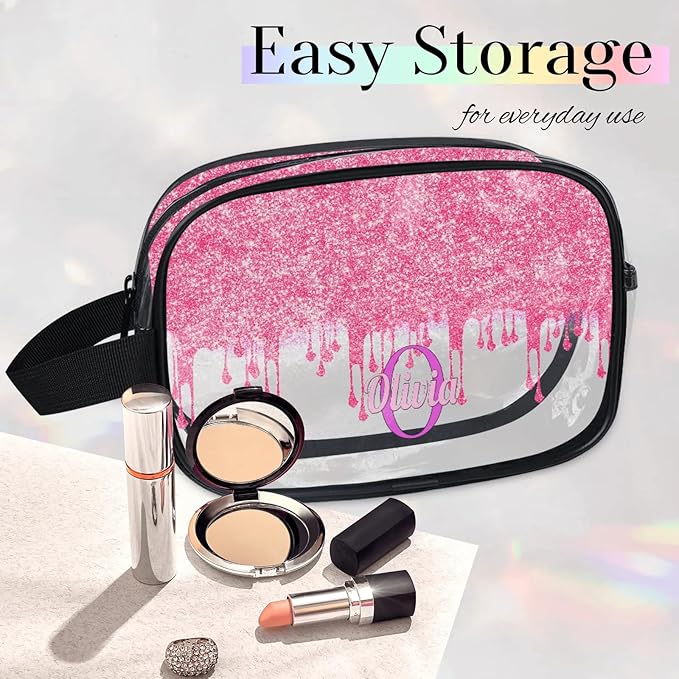Customized Travel Makeup Toiletry Bag, PVC Transparent Waterproof Large Cosmetic Bag Makeup Shaving Bag Organizer Case, Hot Pink Curtain Glittery