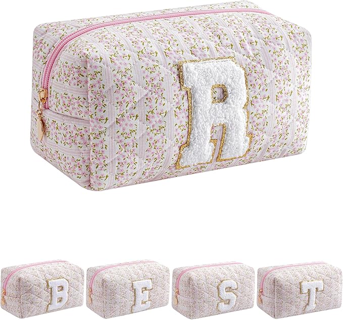 JOVAKIT Alphabet Makeup Bag Cosmetic Bag for Women, Christmas Gifts for Girls Age 6-18, Floral Flowers Coquette Travel Toiletry Zipper Make Up Pouch Organizer Trendy Stuff (Pink Floral R)