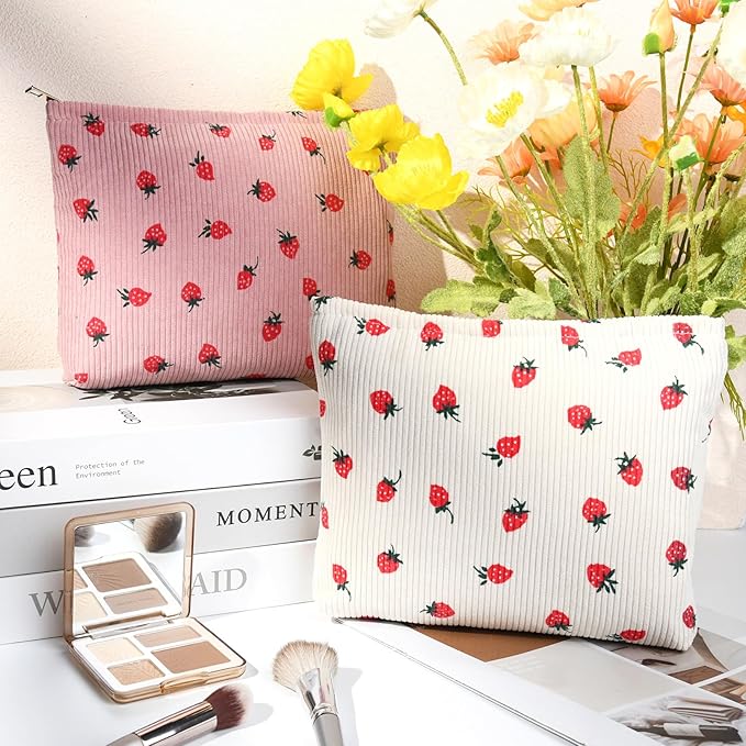 SOIDRAM 2 Pcs Cute Makeup Bag Large Cosmetic Bag Toiletry Bag Makeup Pouch Travel Bag Organizer Cute Makeup Brushes Aesthetic Accessories Storage Bag for Women Strawberry Pink Beige