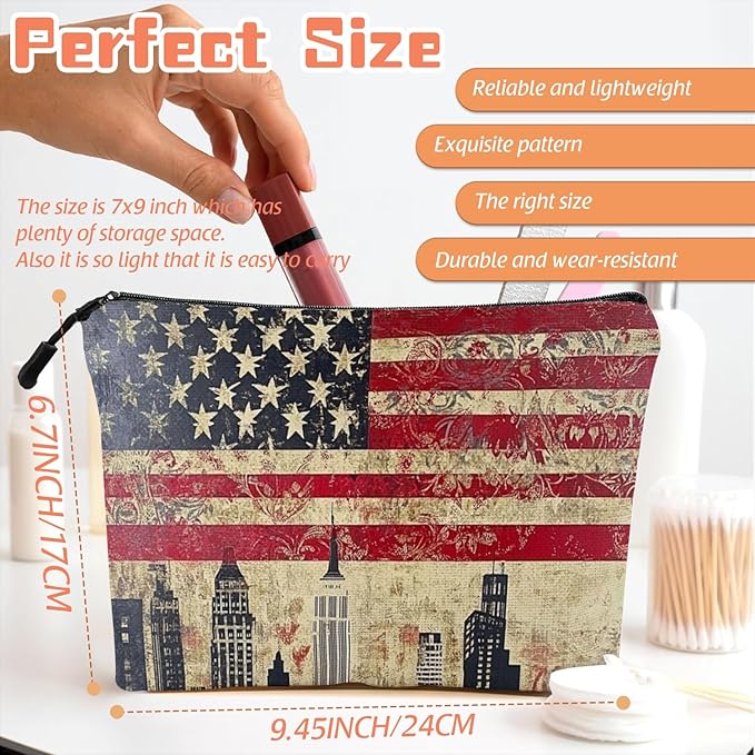 Cosmetic Bags Travel Makeup Toilet Case Waterproof Pouch for Women Girls 6.7X9.45inches - American Flag And Urban Skyline Fusion