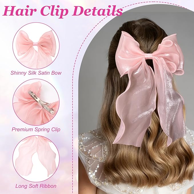 2Pcs Large Hair Bow Clips, Pink Silk Lace Ribbon Bow for Women, Elegant Long Tail Bowknot French Hair Styling Barrette for Wedding, Parties, Daily Use