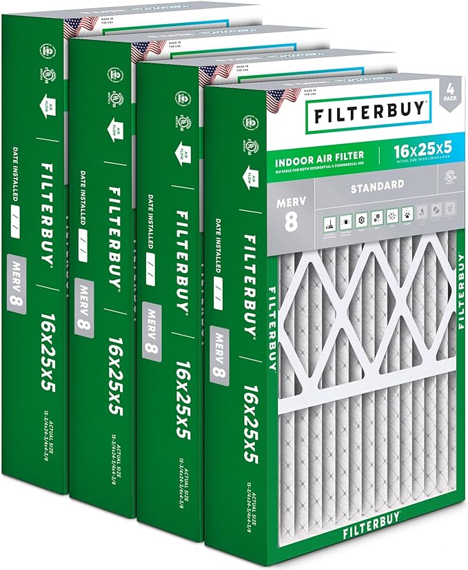Filterbuy 16x25x5 Air Filter MERV 8 Essential Dust & Allergy Defense, Pleated by Filterbuy