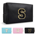 Personalized Initial A-Z Preppy Patch Makeup Bag,Small PU Chenille Letter Cosmetic Bag with Zipper for Teen Girls,Black Cute Toiletry Organizer Bag,Monogram Makeup Case Gift for Women Girls,Letter S