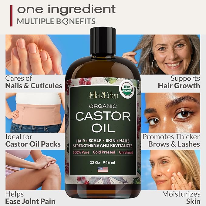 Ella & Eden Organic Castor Oil | Big 32oz Glass Bottle | Cold-Pressed, Hexane-Free, USDA Certified, Unrefined & 100% Pure - for Hair Growth