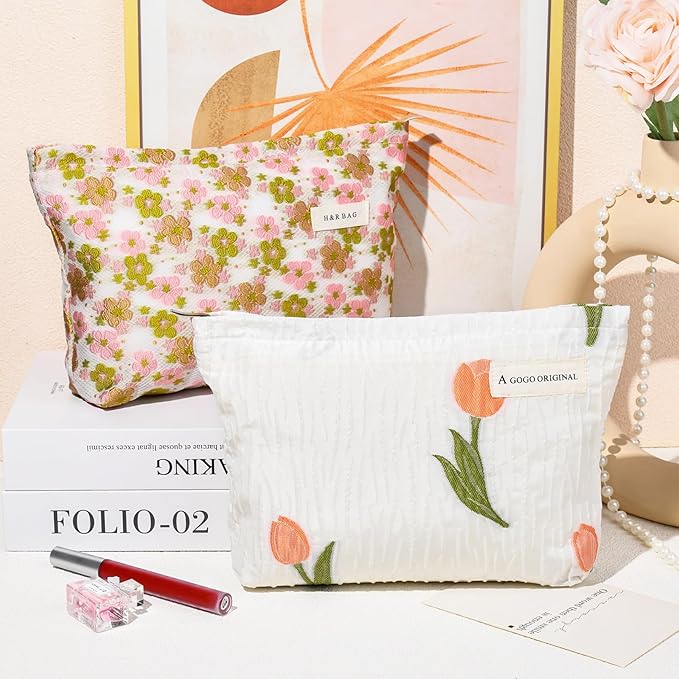 SOIDRAM 2 Pieces Flower Makeup Bag Large Floral Cosmetic Bag Capacity Canvas Travel Toiletry Bag Organizer Cute Makeup Brushes Aesthetic Accessories Storage Bag for Women, Embossed flower L White Pink