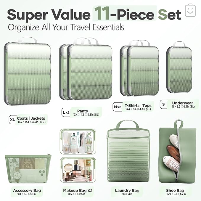 Veken 11 Set Compression Packing Cubes for Travel Essentials,Compressible Expandable Large Luggage Suitcase Organizer Bags for Clothing,Durable Space Saver Storage Bags(Matcha Green)