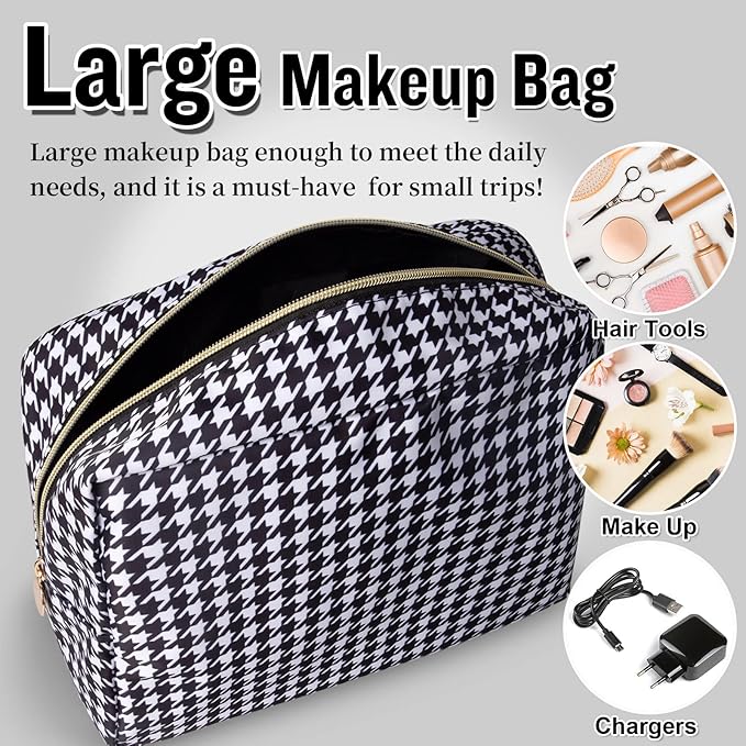 Nylon Large Makeup Bag Black Houndstooth Travel Pouch for Women, Big Preppy Makeup Bag Cute Cosmetic Zipper Pouch Purse, Waterproof Toiletry Bag Clutch Makeup Organizer for Girls(Black Houndstooth)