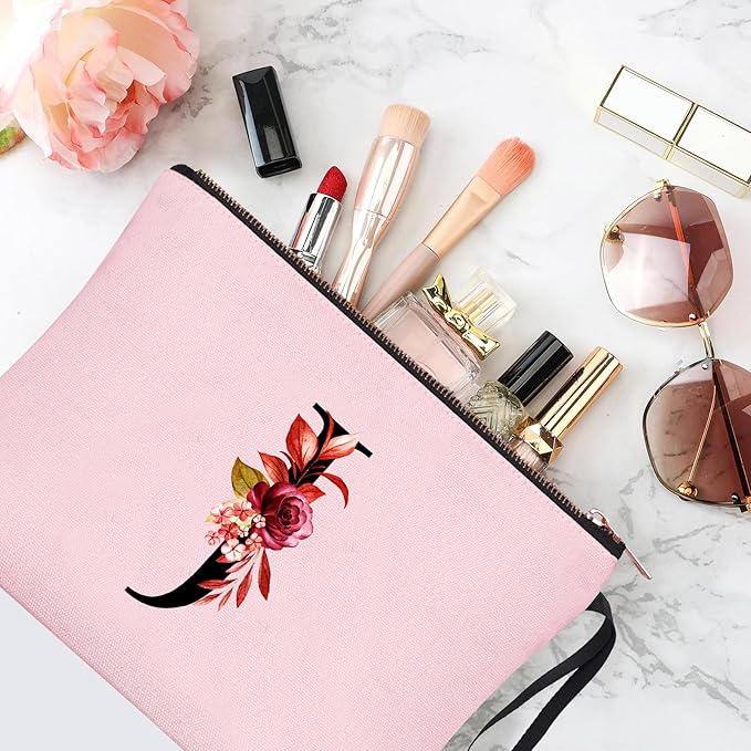 Vavabox A-Z Personalized Makeup Bag, Birthday Gifts for Women Mom, Gifts for Best Friend, Bride Bridesmaid Cosmetic bag (J, Pink)