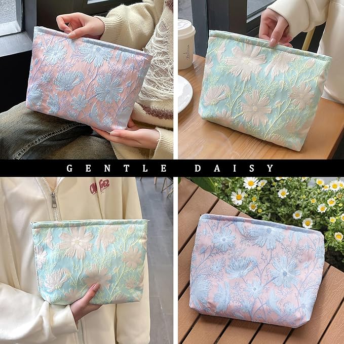 STARDW Aesthetic Floral Makeup Bag Cute Small Cosmetic Bags for Women Girls, Travel Toiletry Bag Large Capacity Zipper Makeup Pouch, Purse Organizer Pouches (Gentle Blue Pink)