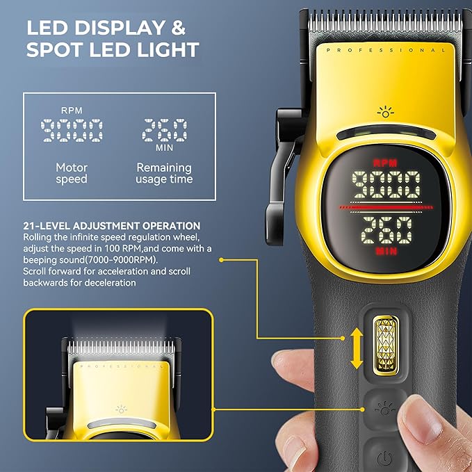 VGR 885 S2 Cordless Barber Clippers and Trimmers Kit, Professional Hair Clippers for Men, Haircut Kit with DLC-Coated Ceramic Blades, 21-Speed Roller, 2 Magnetic Charging Bases, LED Display, Gold