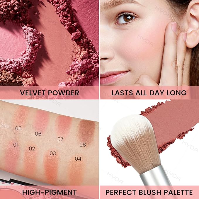 KYDA 8 Colors Face Blush Palette, Natural Matte Blush Palette, Smooth Blendable Powder, Multiuse Blusher Makeup with Contour and Highlighter