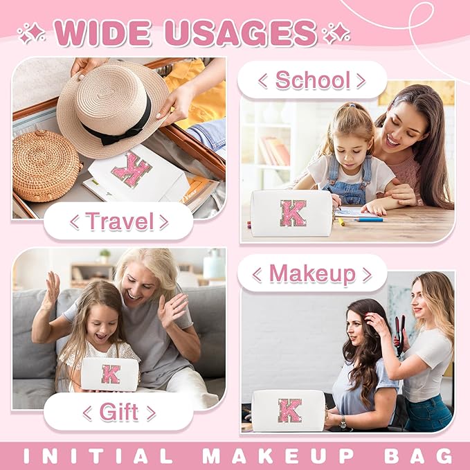 Small Initial Patch Makeup Bag Personalized Gifts Make Up Bag,White Cute PU Leather Glitter Letter Cosmetic Bag with Zipper,Trendy Portable Travel Toiletry Pouch,Preppy Stuff for Teen Girls Women K