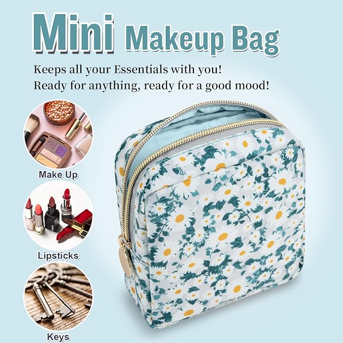 Nylon Mini Floral Makeup Bag for Purse, Small Cute Travel Makeup Bag Preppy Flower Cosmetic Zipper Pouch, Waterproof Coin Pouch Sanitary Napkin Storage Bag Make Up Organizer Set for Women(Green-Daisy)