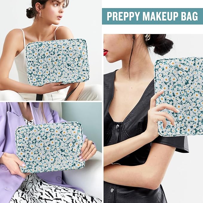 Nylon Large Floral Makeup Organizer Bag, Preppy Big Cute Flower Cosmetic Zipper Pouch Multi-compartment with Dividers, Waterproof Toiletry Makeup Brushes Bag Travel Essentials for Women(Green-Daisy)