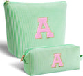 Makeup Bag Set Initials Cosmetic Bag,Gifts for 10 11 12 13 14 15 16 17 18 Years Old Girl Girlfriend Teen Girls Gift Trendy Stuff Personalized Toiletry Bag Travel - Green,A