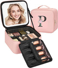 Relavel Initial Makeup Bag with LED Mirror for Women Girls, Personalized Travel Cosmetic Organizer Train Case, Birthday Gifts for Grandkids Bridesmaid Graduation Teacher Friends, Trendy Stuff, Pink P