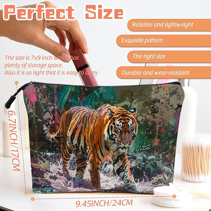 Cosmetic Bags Travel Makeup Toilet Case Waterproof Pouch for Women Girls 6.7X9.45inches - Artistic Tiger Walking Through A Splash - Filled Jungle