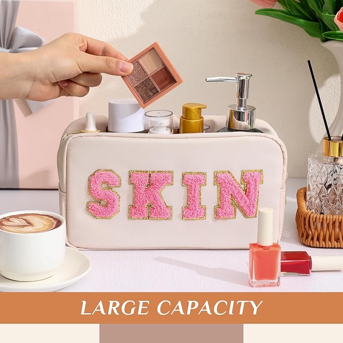 Remerry 4 PCS Nylon Cosmetic Bags Waterproof Spacious Travel Makeup Organizer for Women Chenille Letter Preppy Zipper Pouch Face Stuff Skin Hair Organizer Gift(Gentle White)