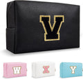 Personalized Initial Preppy Patch Makeup Bag, Travel Toiletry Zipper Pouch Cute Black Cosmetic Organizer Small Makeup Bag for Purse, PU Chenille Letter Make Up Bags Storage Gifts for Women(Letter V)