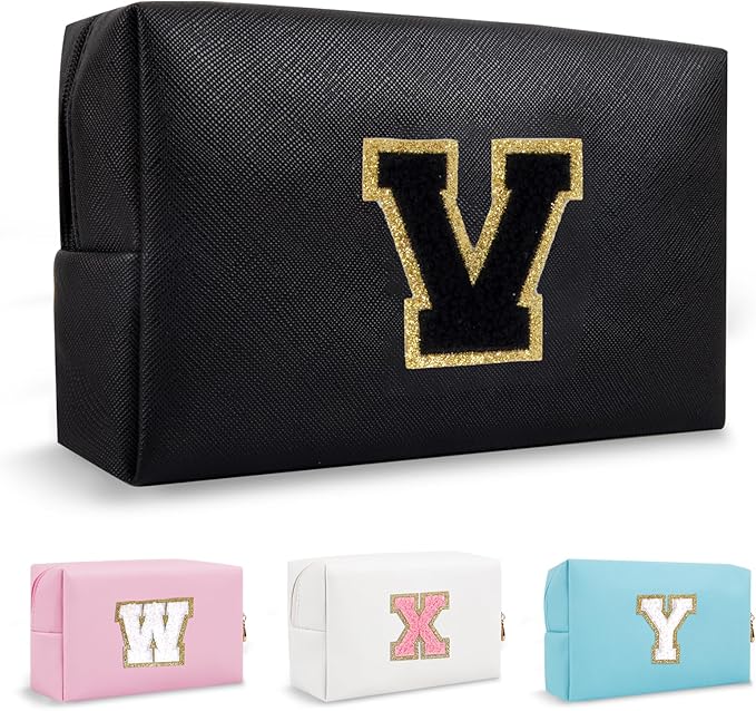 Personalized Initial Preppy Patch Makeup Bag, Travel Toiletry Zipper Pouch Cute Black Cosmetic Organizer Small Makeup Bag for Purse, PU Chenille Letter Make Up Bags Storage Gifts for Women(Letter V)