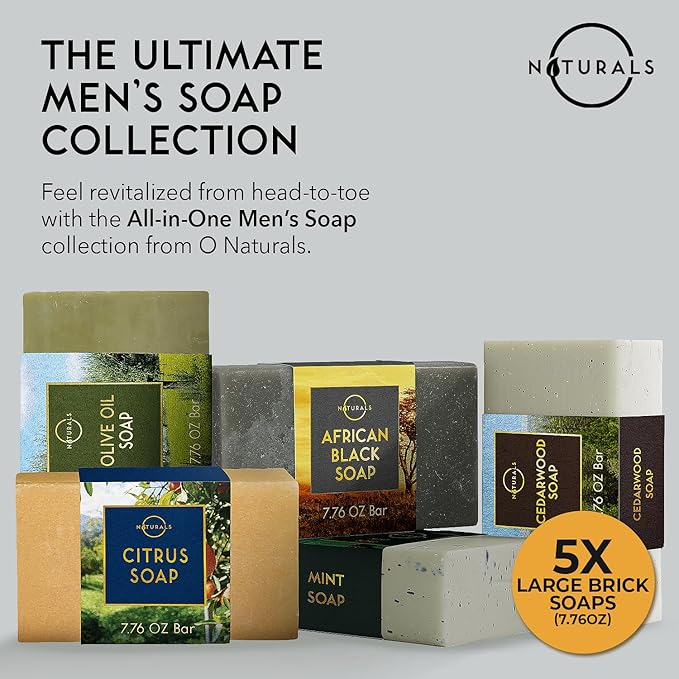 O Naturals 5PC Mens Soap Gift Sets, Gifts for Men, Organic Bar Soap for Men, Mens Gift Set Exfoliating Soap Cedarwood & Mint, Mens Bar Soap in Citrus, Olive Oil, African Black Soap, Soap Gifts For Men