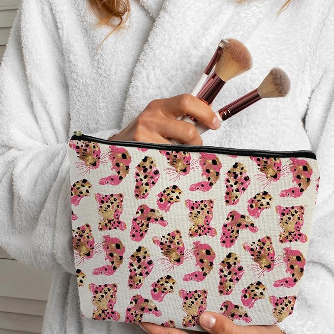 Pink and Gold Cheetah Makeup Bag, Preppy Girly Leopard Print Cosmetic Bags Gifts for Women, Funky Y2k Cheetah Portable Travel Toiletry Bag Zipper Makeup Pouch