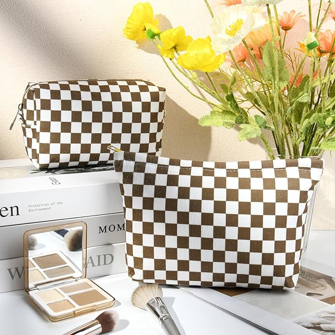 SOIDRAM 2 Pcs Checkered Makeup Bag Large Cosmetic Bag Toiletry Bag Makeup Pouch Travel Bag Organizer Cute Makeup Brushes Aesthetic Accessories Storage Bag for Women Coffee Brown