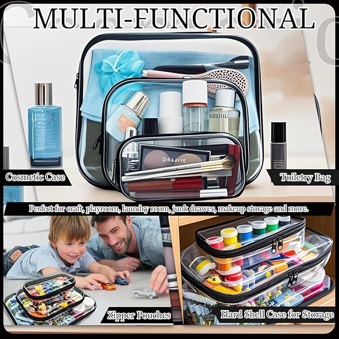 3 Pcs Clear Hard Zipper Case, Hard Shell Plastic Clear Organizer Bag, Transparent Makeup Pouches, Portable Box for Travel Toiletries, Toy Storage Bins (Black, Multi)
