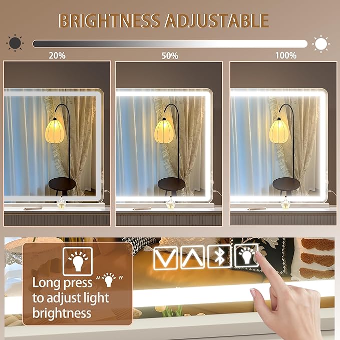 Hasipu Vanity Mirror with Lights and Bluetooth Speaker, 37.4" x 25.6" LED Makeup Mirror, Lighted Makeup Mirror with Dimmable 3 Modes, Touch Screen Control Vanity Mirror Round White