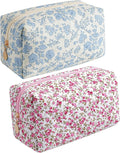 Makeup Bag Travel Cosmetic Bag for Women Girls, Zipper Make Up Pouch, Floral Flowers Toiletry Organizer Makeup, Portable Storage Cosmetic Travel Cloth Bag (Blue Floral+Flower-Red)