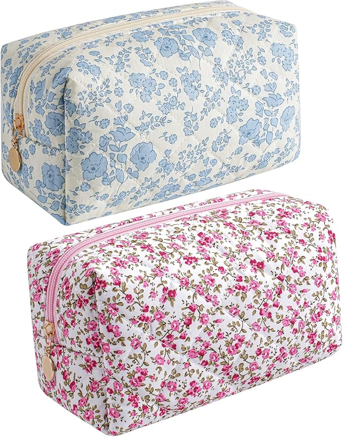 Makeup Bag Travel Cosmetic Bag for Women Girls, Zipper Make Up Pouch, Floral Flowers Toiletry Organizer Makeup, Portable Storage Cosmetic Travel Cloth Bag (Blue Floral+Flower-Red)