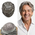 Mens Toupee Human Hair Piece French Lace Toupee for Man Hair System Indian Human Hair Replacement Systems V-Looped PU Front Hairpieces 6"X9" #260 Darkest Brown with 60% Gray