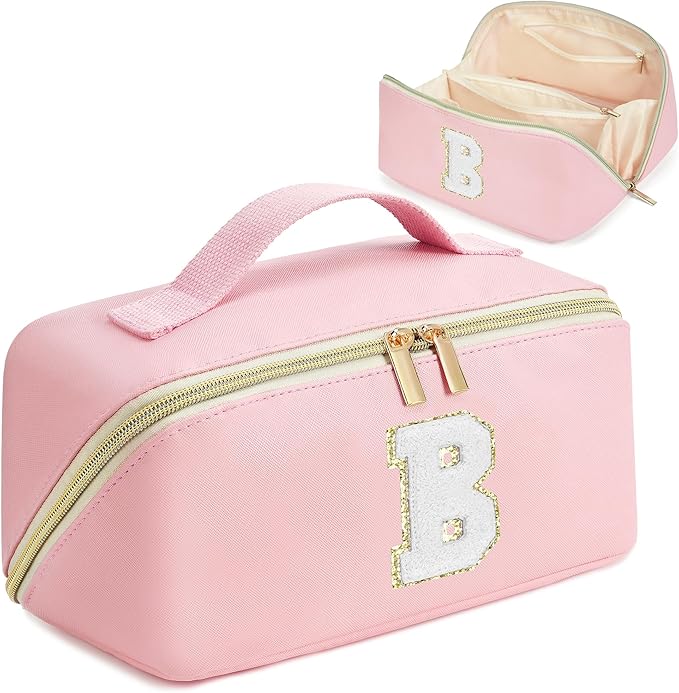 for Christmas Day Gifts, Makeup Bag for Women, PU Leather Travel Toiletry Bags, Initial Make Up Cosmetic Pouch for Teen Girls, Wide Open Portable Skincare Bag, Personalized Birthday Gifts, Pink B
